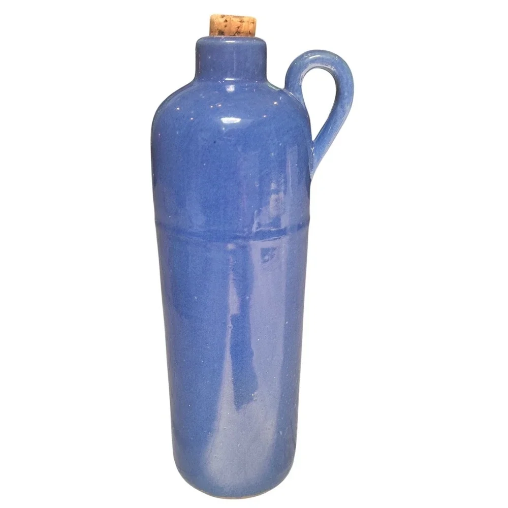Vintage Cobalt Blue Ceramic Stoneware Jug with Cork Stopper and Handle 9.5in